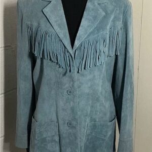 Denim&Co Blue Fringe Suede Blazer